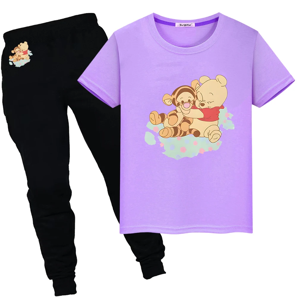 

Pooh Bear 100%Cotton Print Kawaii T-shirt Summer Sports Sets Disney Short+pant Cute Tshirts kid holiday gift boys girls clothes