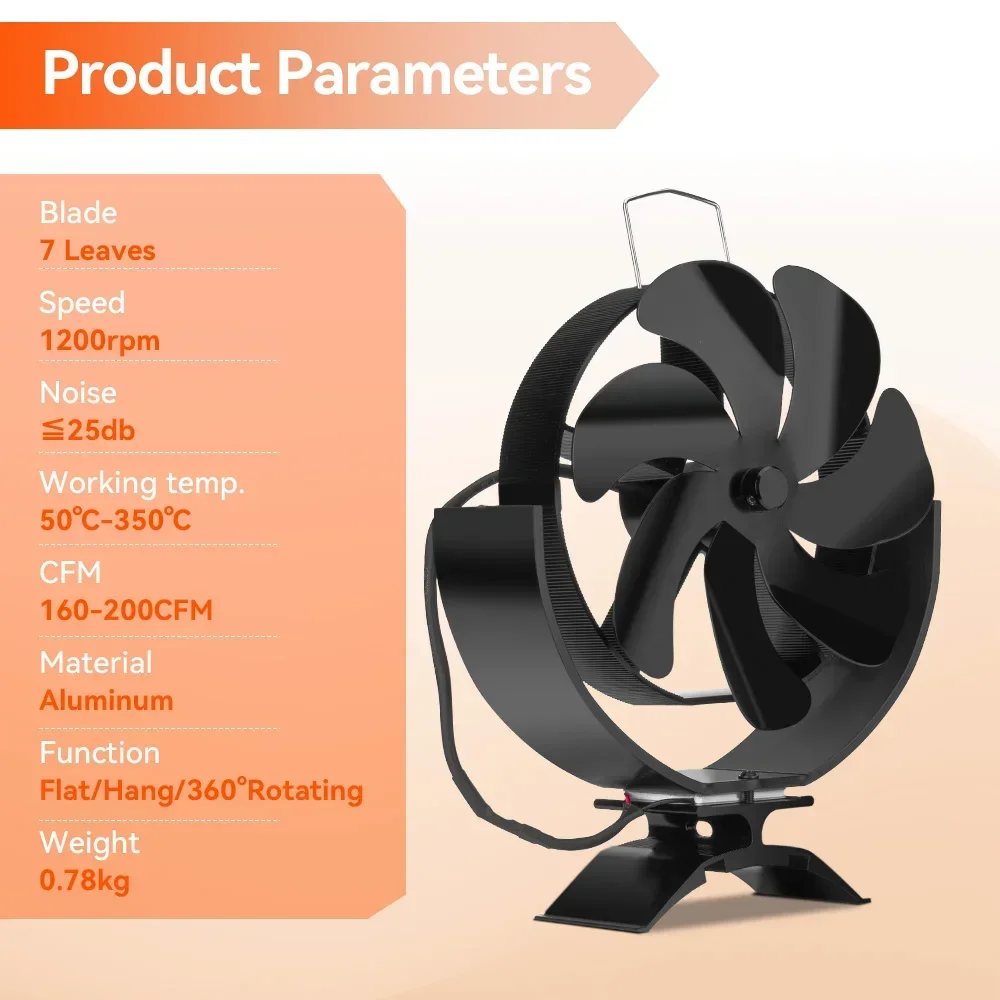 7 Blades Black Fireplace Fan Multifunction Log Wood Burner Ecological Efficient Home Heat Distribution Quiet Stove Fan