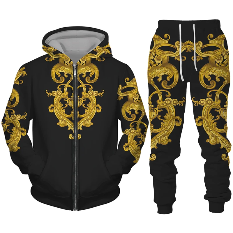 【送料&関税込】Golden Zipped Track Sweatshirt Men's Zipper Tracksuit Set Luxury Golden Pattern 3D Print