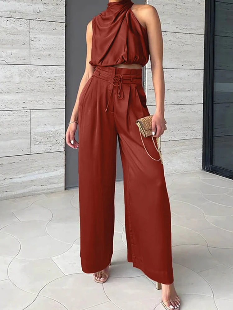 D​rauuing Beige Two Piece Pants Sets Women Outfit Silk Pleated Texture  Sleeveless Top Wide Leg Pants Set Summer Matching Sets