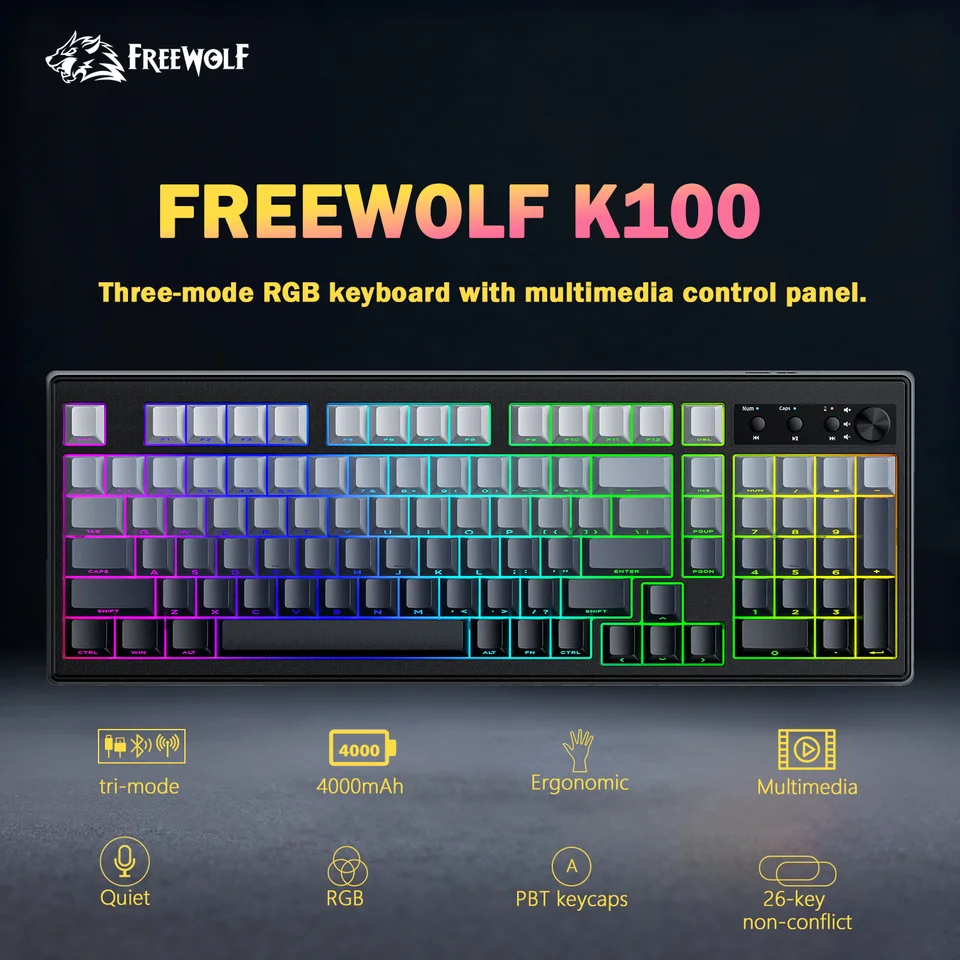 FREEWOLF K8 Tastiera da Gioco Meccanica Wireless Hot Swap, Tastiera Cablata Backlit RGB Interruttore Blu, Bluetooth/2.4Ghz/USB-C Batteria da 4000 mAh per Mac/Win-Grigio/Arancione FREEWOLF K8 Tastiera da Gioco Meccanica Wireless Hot Swap, Tastiera Cablata Backlit RGB Interruttore Blu, Bluetooth/2.4Ghz/USB-C Batteria da 4000 mAh per Mac/Win-Grigio/Arancione