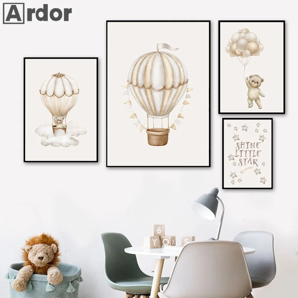 

Beige Hot Air Balloon Canvas Painting Cartoon Bear Print Pictures Nordic Poster Nursery Wall Art Posters Baby Kids Room Decor