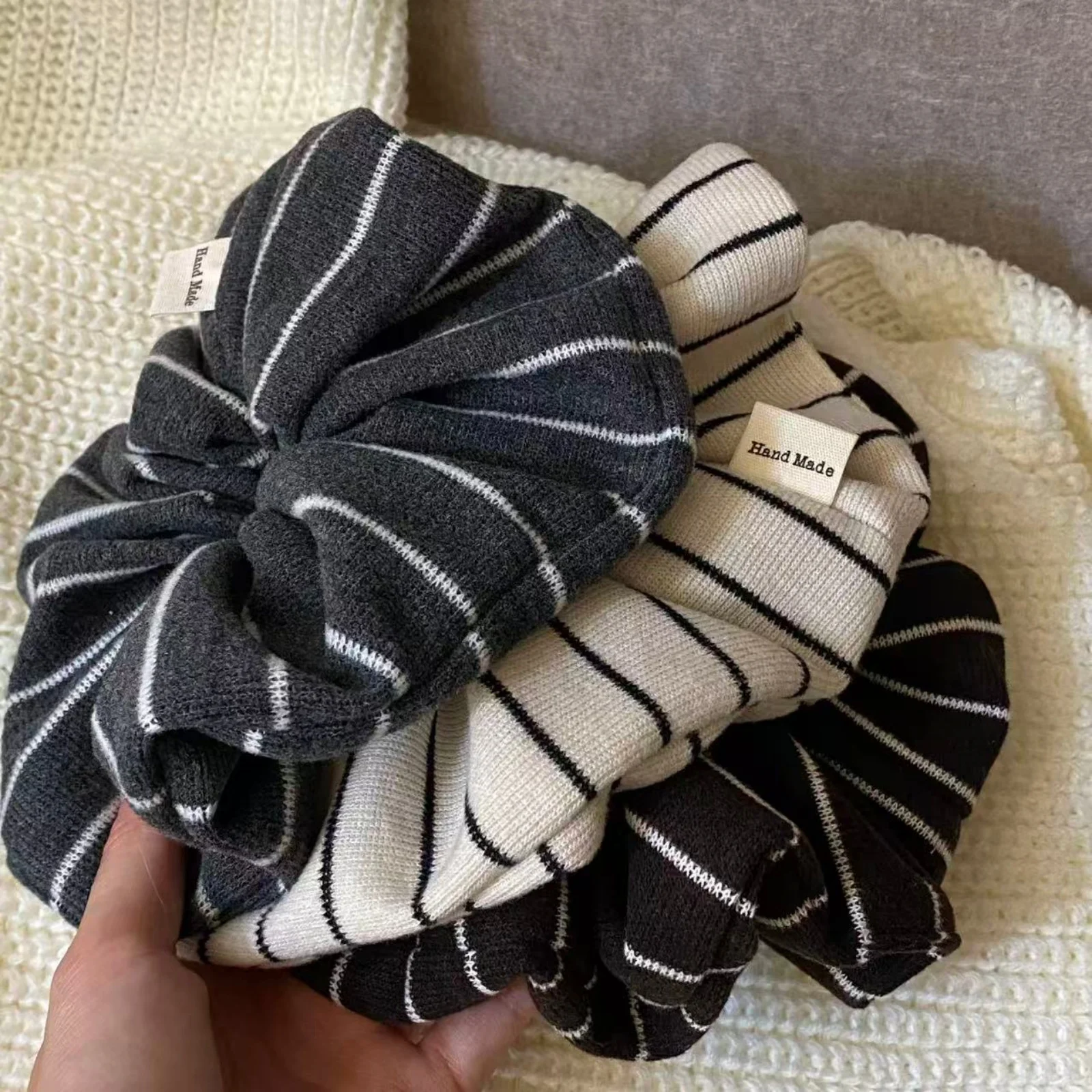 Striped Handmade Neutral Tone Hair Scrunchies - Elastic Bands