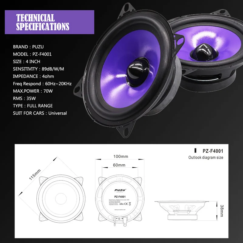 Altavoces De Coche 100mm (4) 50 W Max. 2 Vías Frecuencia De Rango