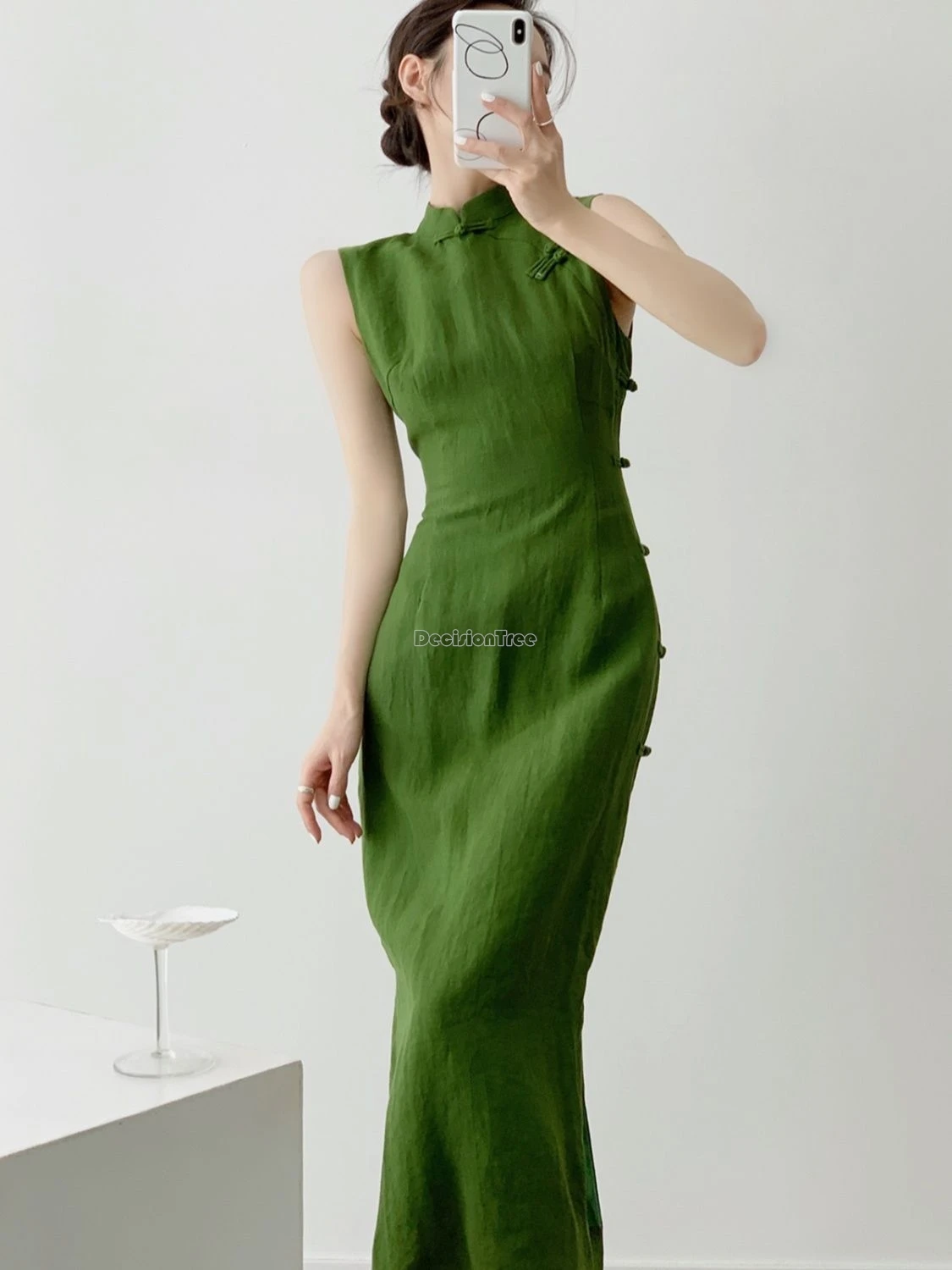 Chinese Dress Vintage Qipao Sleeveless Waist Cinching Slit