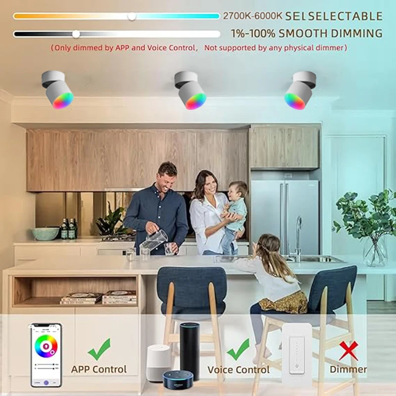 LED Ceiling Spot Light Smart RGBCCT 360&deg;Adjustable COB Ceiling Downlight Stepless Dimmable Works with Alexa & Google Assistant led ceiling spot light,led spotlight lamp