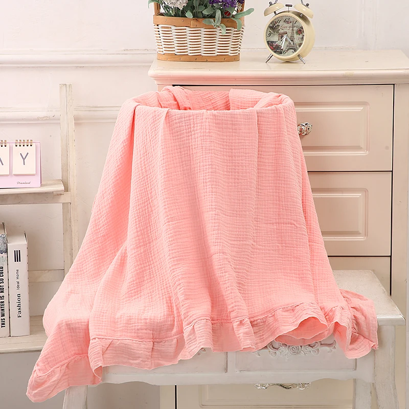 100% Organic Cotton Baby Wrap Gauze Ruffle Baby Blanket Newborn Security Muslin Swaddle Blanket 2