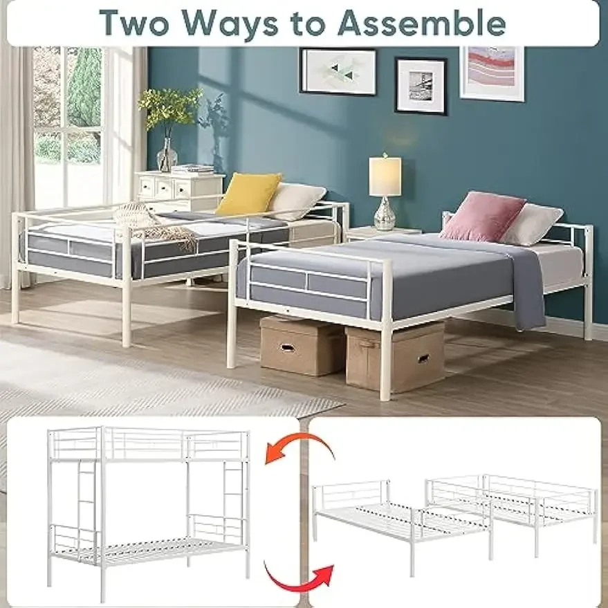Twin Over Twin Size Bunk Bed,Metal Structure Bedframe with Safety Guardrails and 2 ladders,Convertible Bunkbeds,No Spring Box 4