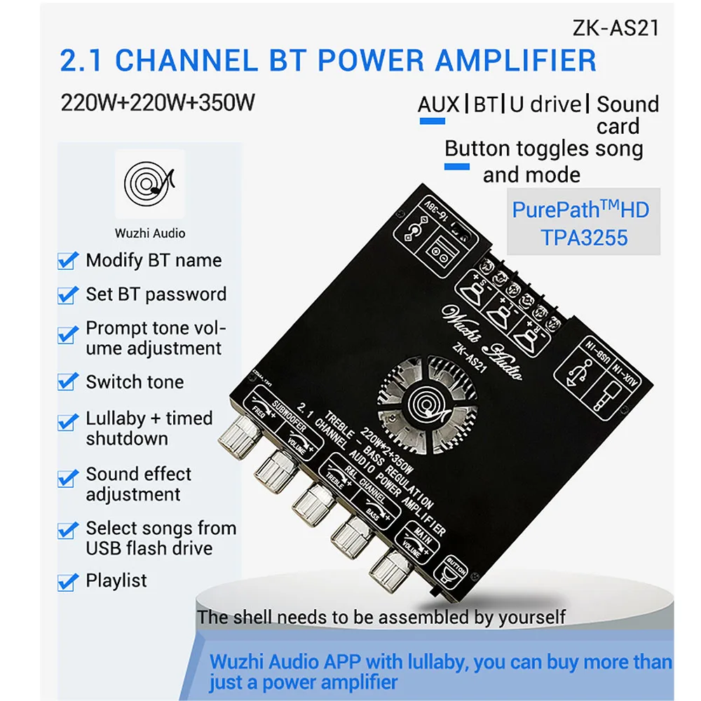 

2*220W+350W Bluetooth 5.1 TPA3255D2 Subwoofer Audio Power Amplifier Board 2.1 Channel Class D Audio Amplifier Home Theater AUX