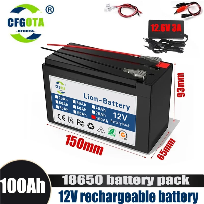 

12V 100Ah 100000mAh 18650 lithium battery 30A sprayer built-in high current BMS electric vehicle battery +12.6V charger