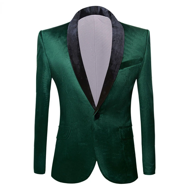 

Mens Green Fashion Velvet Suit Jacket Slim Fit Shawl Collar One Button Blazers Mens Wedding Dinner Party Costume Homme