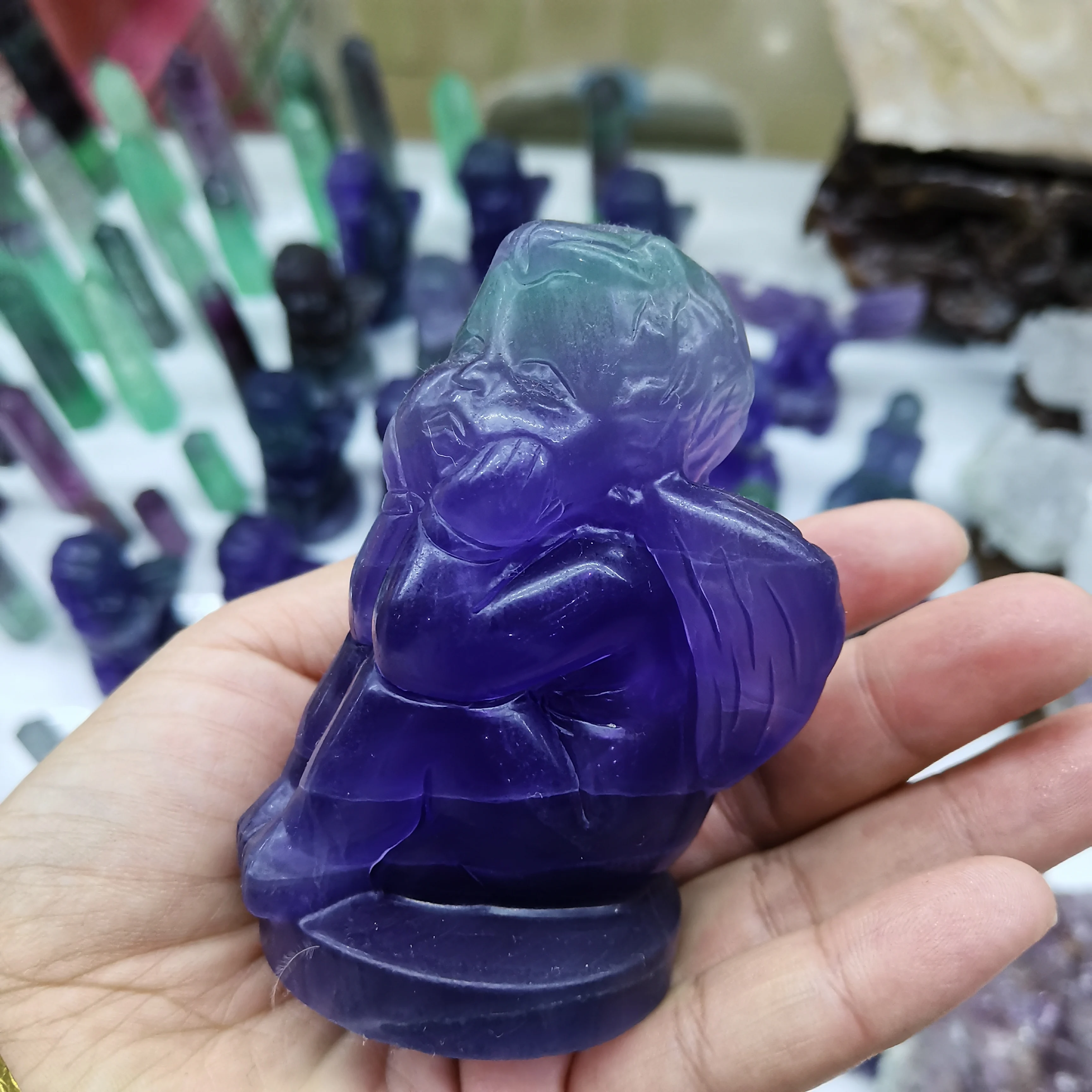 

90mm Natural Crystal Carved Colorful Fluorite Little boy angel Figurines Collection Crafts Gifts Small Ornaments Decoration 1pcs