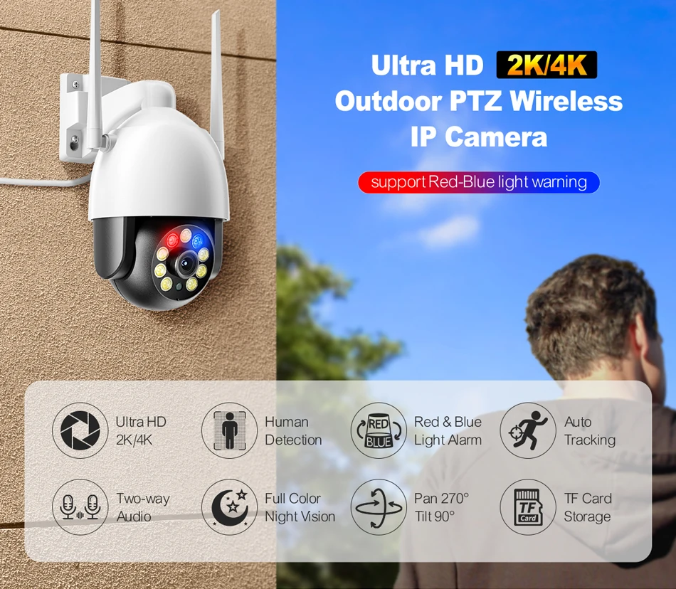 Techage Ultra HD 8MP Outdoor PTZ WiFi IP Camera 2K 4K Wireless Surveillance Camera AI Human Detect CCTV Home Security Protection dummy camera