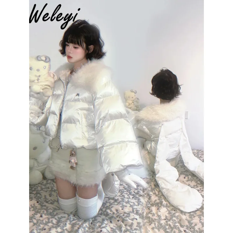 Sweet Women's down Coat 2024 Winter Trumpet Long Sleeve Angel Wings Detachable Short Fur Collar Thick Loose Cotton Padded Coats