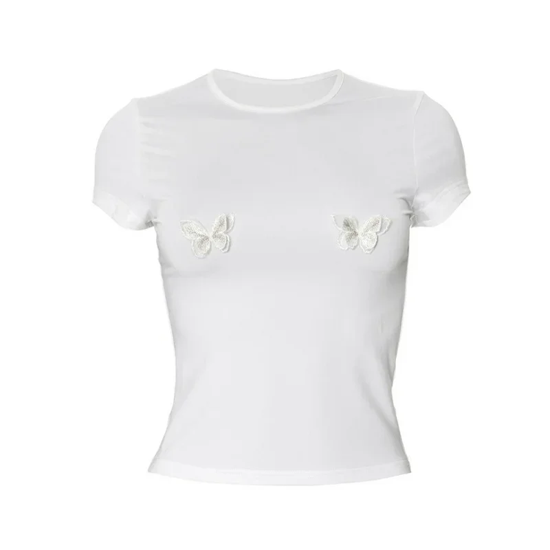 Slim Fit Streetwear Outfit Short Sleeve Crop Top Y2k Accessories T Shirts For Women Clothing White Butterfly Decor Ropa De Mujer