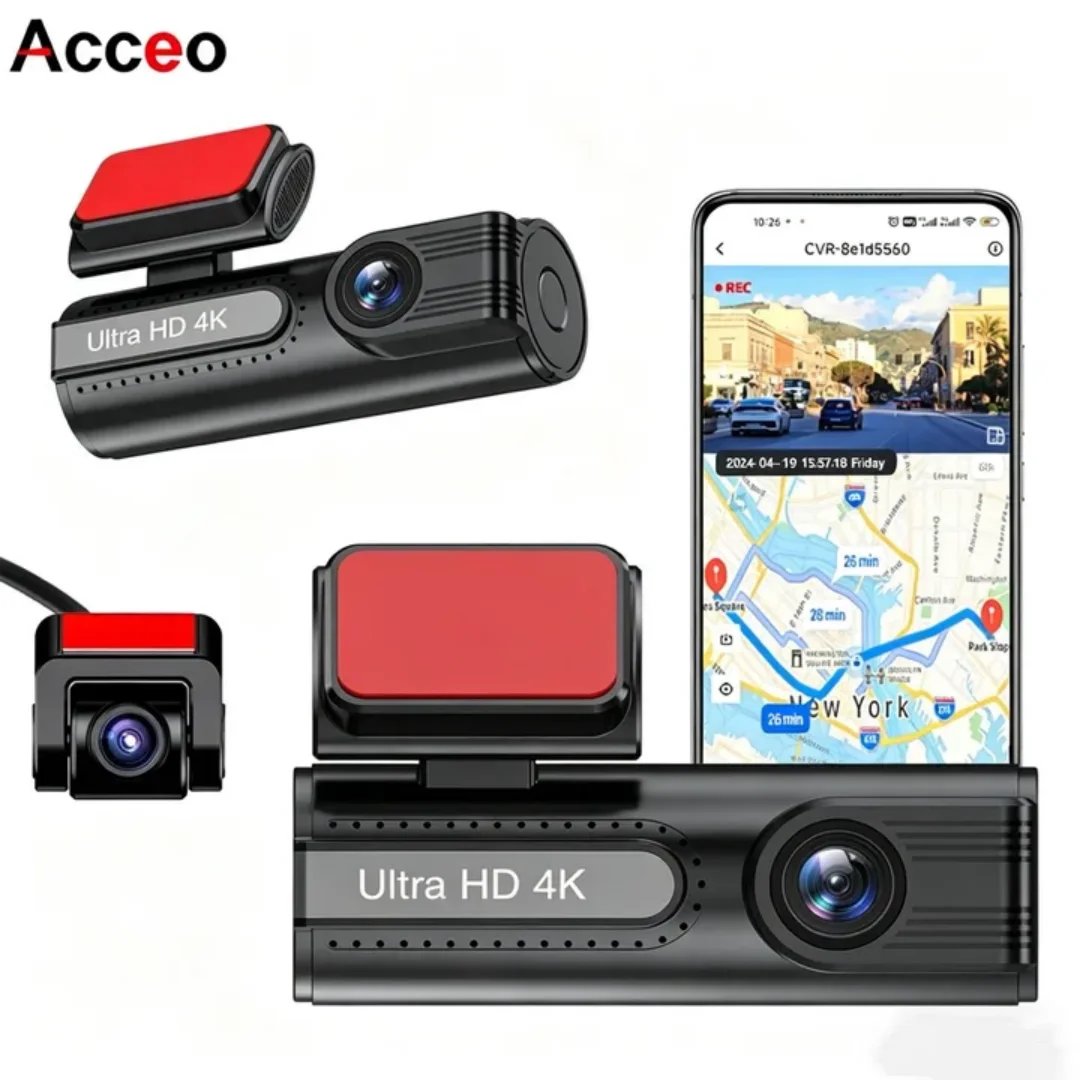 아세오 4K 차량용 블랙박스 GPS WiFi 전후방 듀얼 카메라 녹화, HD 야간 시야 24시간 주차 보호 기능 탑재 드라이빙 레코더