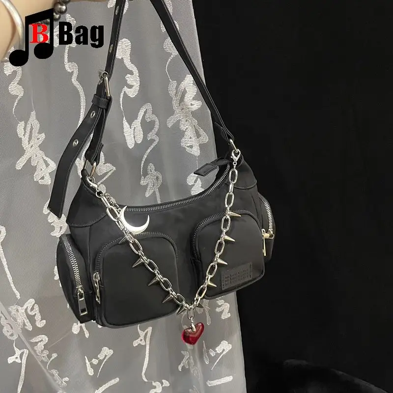 

Y2K Gothic Women's Girls Punk Handbags Harajuku Versatile Nylon Shoulder Functional Fashionable Carrying Underarm Bag Totes