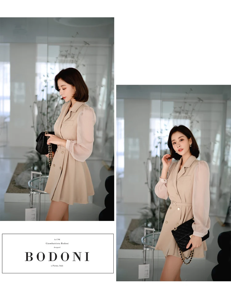 Spring Korean Elegant A-Line Dress Fashion Suit Collar Double Breasted Women Simple Business Casual Dresses Party Vestidos