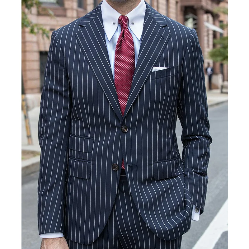 

Navy Blue Pinstripe Business Men Suits for Wedding 2 piece Formal Groom Tuxedo Male Fashion Clothes Set Jacket with Pants