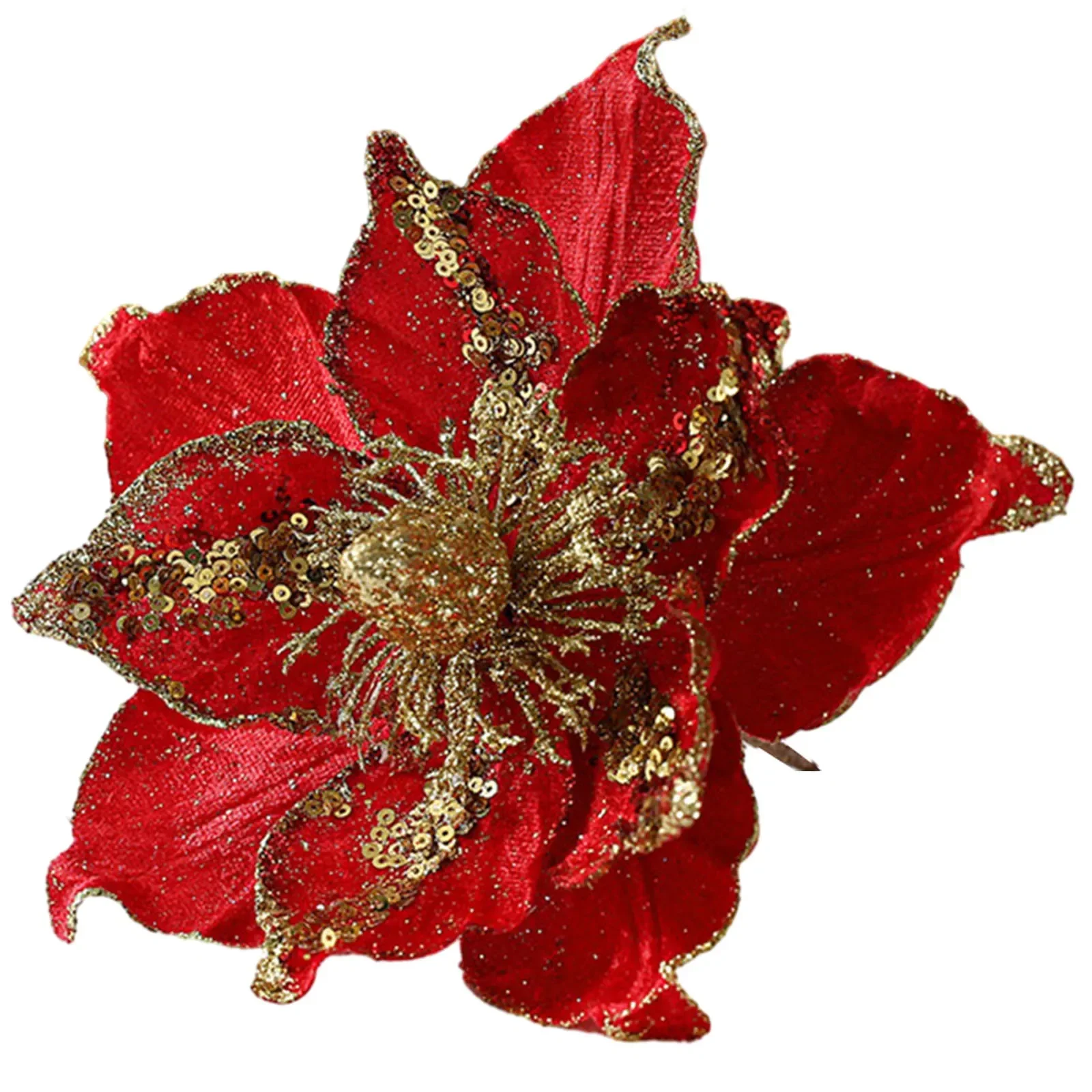 thumbnail image 1 of Flores navideñas con purpurina, flores artificiales, adornos colgantes para árbol de Navidad, guirnaldas de bricolaje, decoración para el hogar, bodas, fiestas de Año Nuevo, 1 of 5