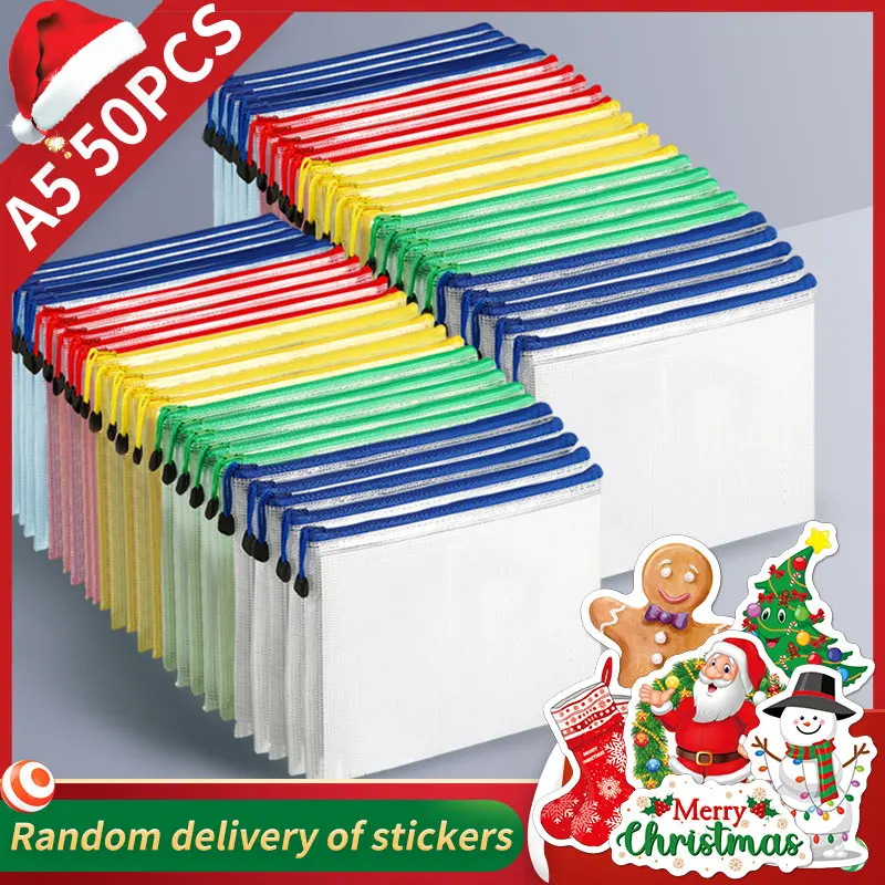 Christmas Stickers A5 Mesh Zipper Bag, Document Storage Bag, Waterproof And Rip-Proof Folder, Student Office Mobile Supplies