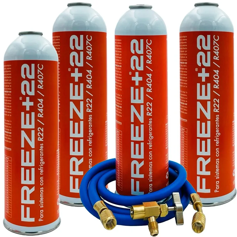Pack 4 Bottiglie Gas Refrigerante Eco-Friendly Freeze + 22 R22-R404-R407C + 5/16 Tubo Di Ricarica X1/4 + Valvola