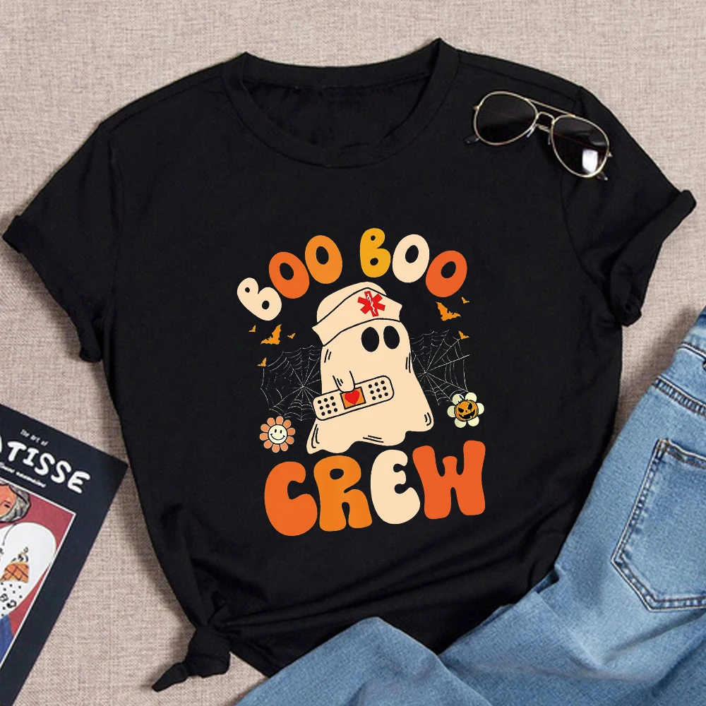 

2023 New Groovy Boo Boo Crew Nurse Funny Short Sleeved Round Neck Paramedic Ghost Women Halloween Nurse T-Shirt