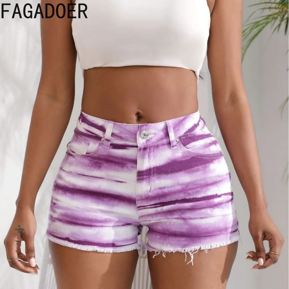 FAGADOER Fashion Streetwear Women Tie Dye Printing High Waisted Button Pocket Denim Shorts Casual Female Matching Bottoms 2024