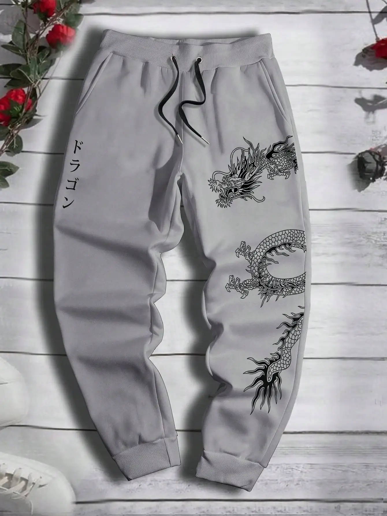 2024 Fashionable Men's Dragon Pattern Printed Comfortable Fleece Drawstring Waist Versatile Spring and Autumn Sports Pants S-3XL 4