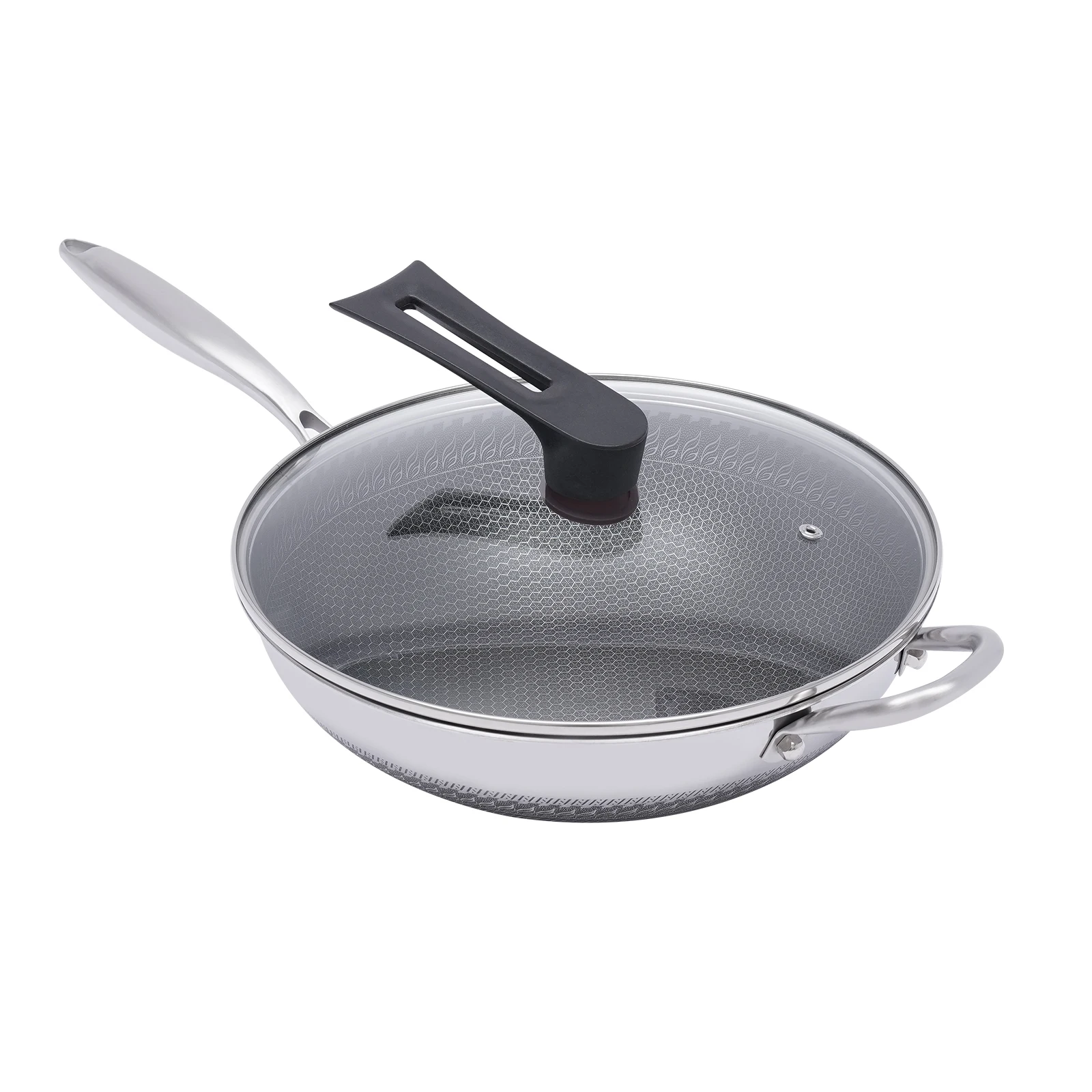 30 x 8,84 cm große Wok-Pfanne aus Edelstahl mit Deckel, Bratpfanne mit Wabenbeschichtung, Bratpfanne für gebratenes Steak, Küchenkochgeschirr – Detail 8