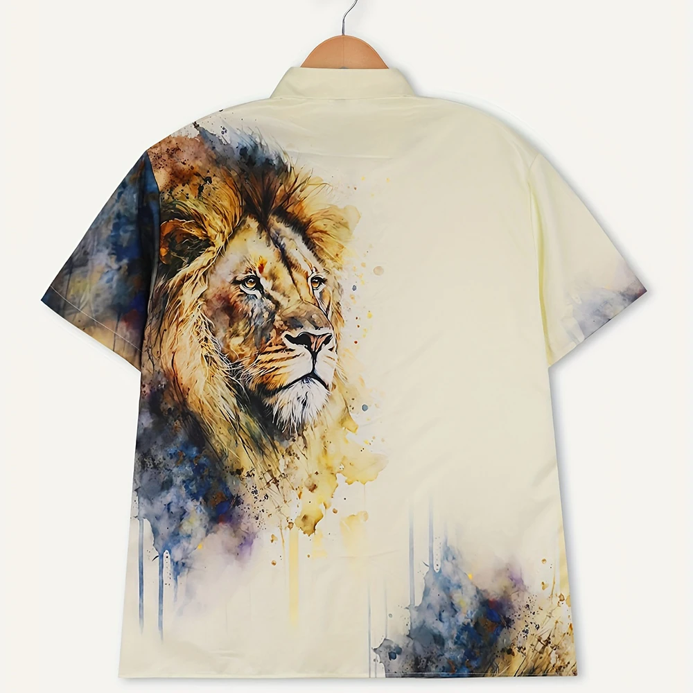 Fashionable Men's 3D Print Animal Lion Pattern Men's Short Sleeve Shirt Street Trend Wear Men's Shirt Oversized Top 3