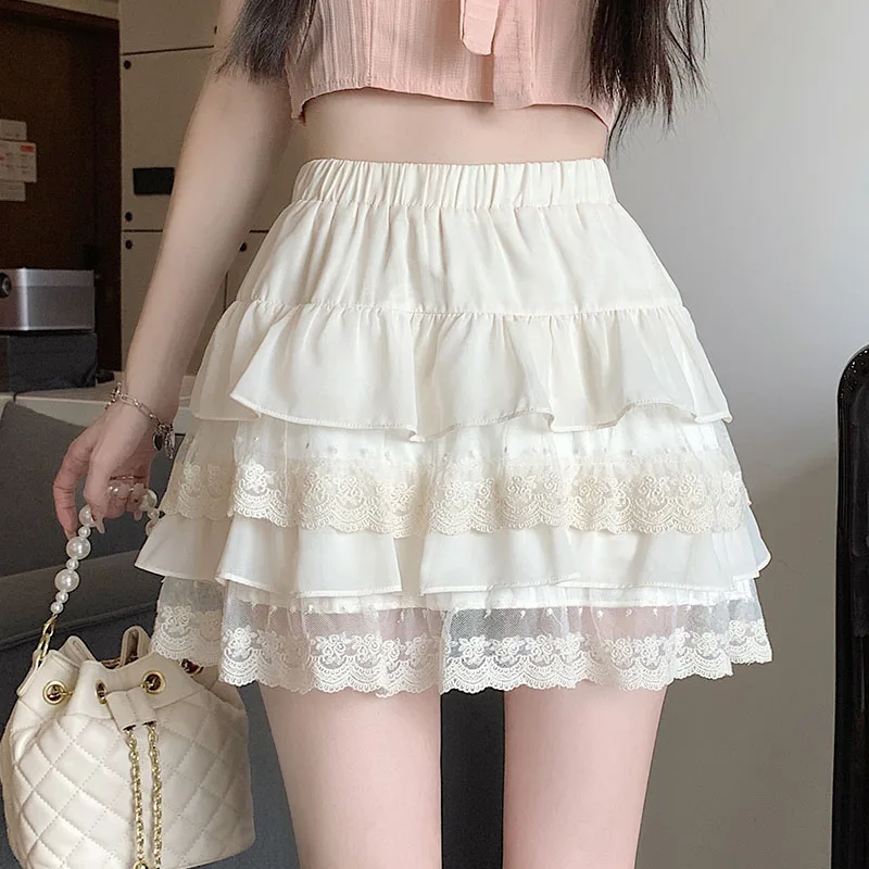 

White Lace Female Cake A Line Skirt High Waisted Lined Skirt Ruffles Patchwork Sweet Fashion Mesh Skirt