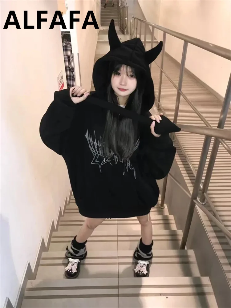 Grunge Gothic Harajuku Zip Up Hoodies Women Mall Goth Tops Japanese Streetwear Kawaii Hooded Sweatshirt 2023 Autumn Pullovers