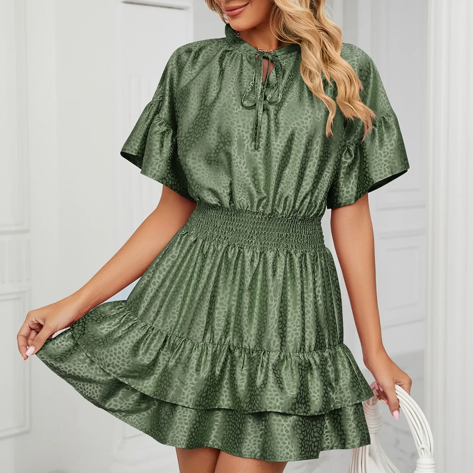 

Plus Size Summer Dress Women 2023 Beach Satin Solid Closed Waist Loose V Neck Leaf Swing Cheap Women's Dresses