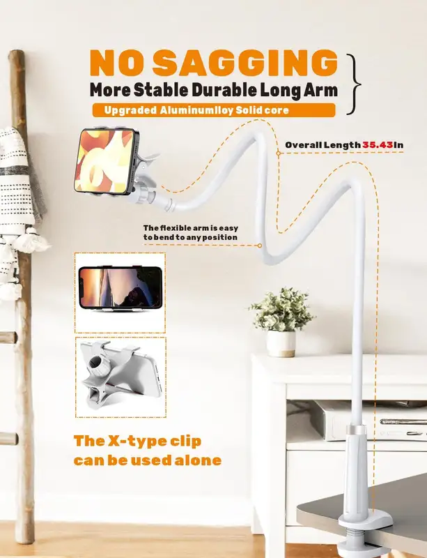 Gooseneck Bed Cell Phone Holder,Lazy Holder 35.4 Inch,Universal Cell Phone Clip Holder,Flexible Long Arm Cell Phone Holder - Image 3