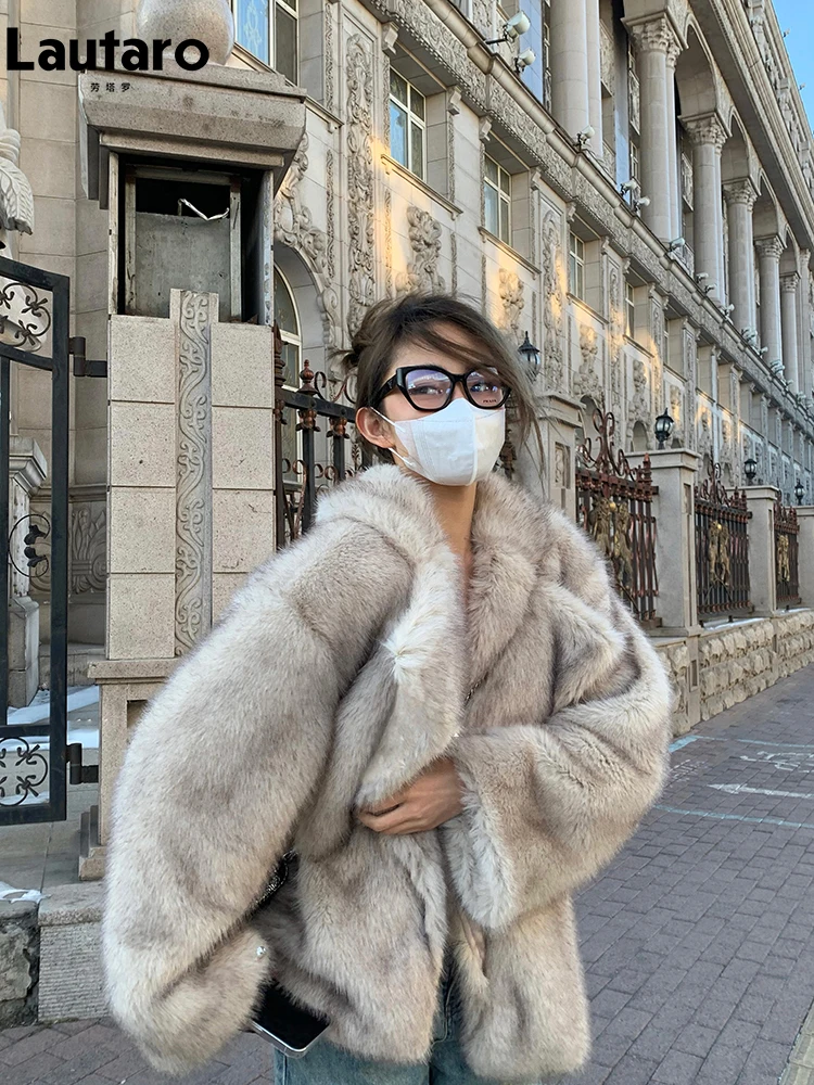 

Lautaro Autumn Winter Oversized Loose Casual Luxury Soft Thick Warm Hairy Faux Fox Fur Coat Women Long Sleeve Fluffy Jacket 2024