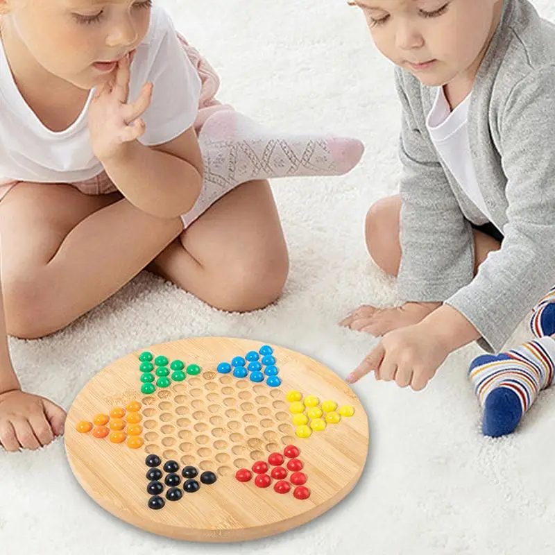 Wooden Checkers Board Game Glass Beads Chinese Wood Hexagonal Checkers Plate Glass Marble Board Games For Friends Famil