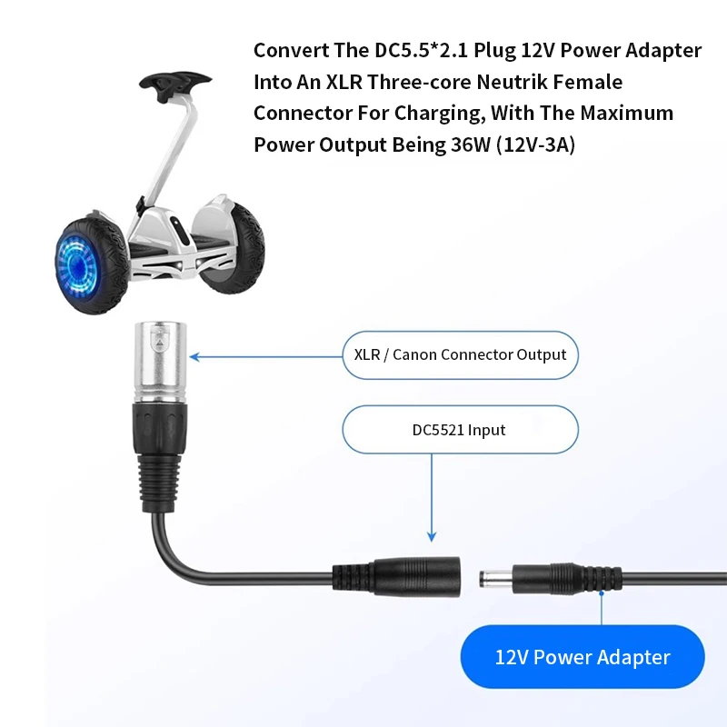 DC5521 암컷에서 3핀 XLR 커넥터로 변환 M12/16 플러그 C13 8016 전원 코드 22AWG 셀프 밸런싱 스쿠터 전원 코드 0.15M 순수 구리