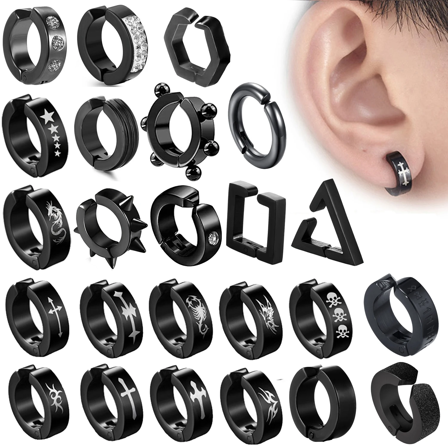 

Серьги-Клипсы из титановой стали в стиле панк для мужчин и женщин, украшения для ушей с черным принтом, без проколов, поддельные ушные круглые украшения, 2 шт.