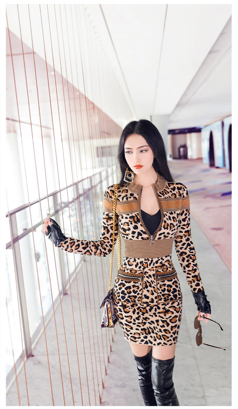 

new spring and autumn office lady Fashion casual brand female women girls stretch Leopard mini dress