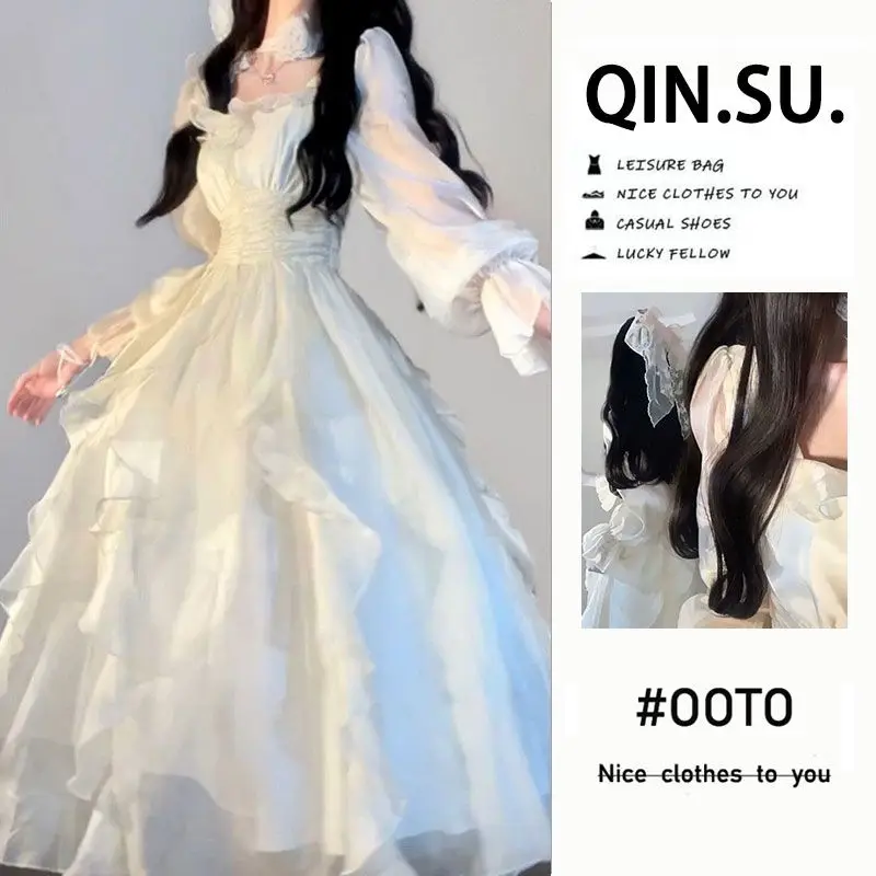 New Sweet and Gentle Square Neck Long Sleeve Dress with College Style for Girls, Loose Vacation A-line Medium Length Skirt
