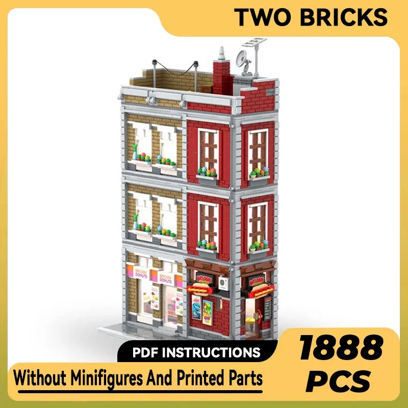 

Moc Building Bricks Street View Model Hot Dogs And Donuts Store Technology Modular Blocks Gifts Christmas Toys DIY Sets Assembly