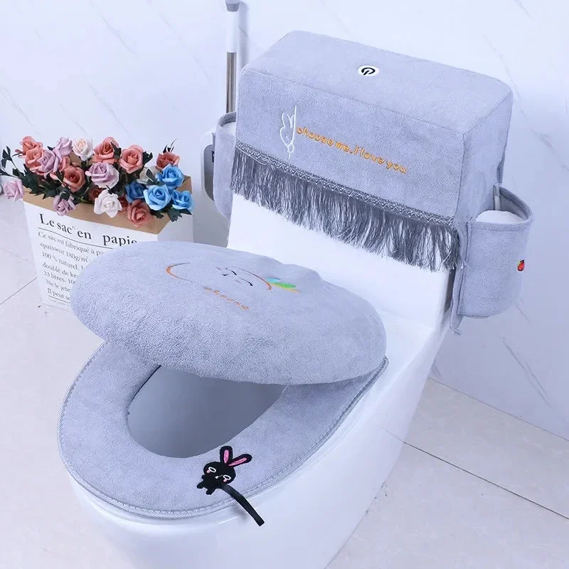 Modern Style Plush Toilet Cushion Set High Quality Cartoon Embroidery Toilet Sseat Pads Tank Dust-proof Protective Cover