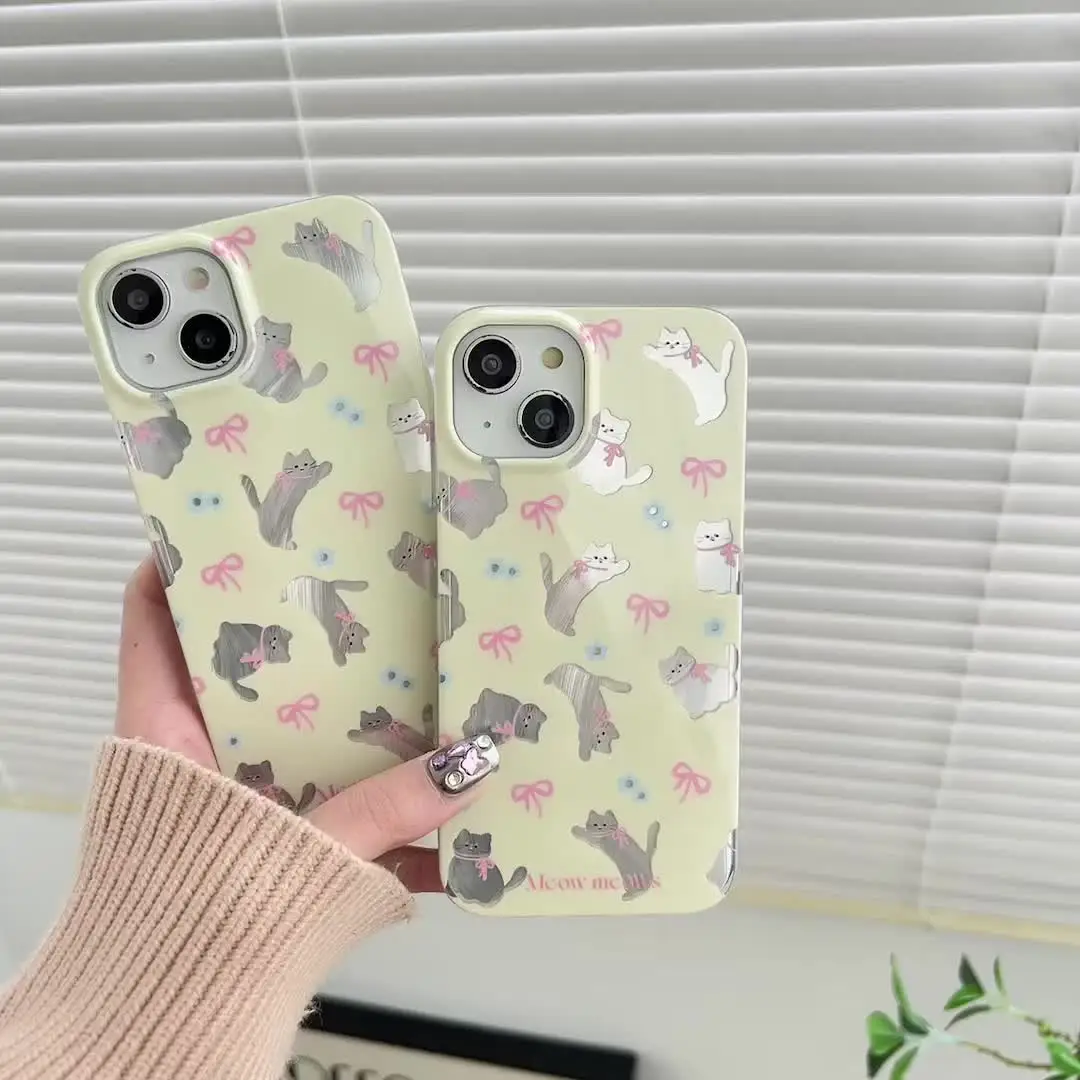 Чехол для iPhone 15 14 13 Pro Max 12 Plus с милым мультяшным котом розовым бантом лазерным