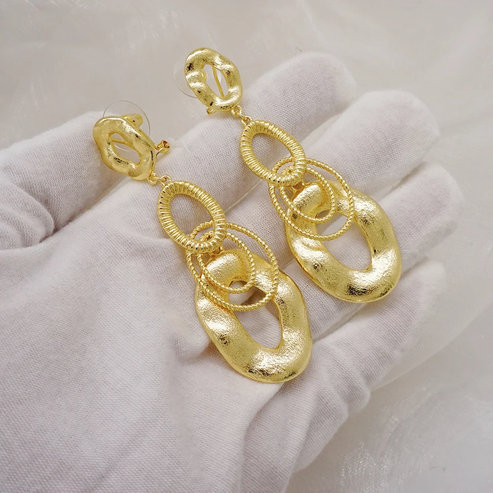 Fashion Dubai Plated Gold Color Big Geometric 3 Circle Earings Long Round Dangle Earrings For Women Party Gift Wedding Jewelry