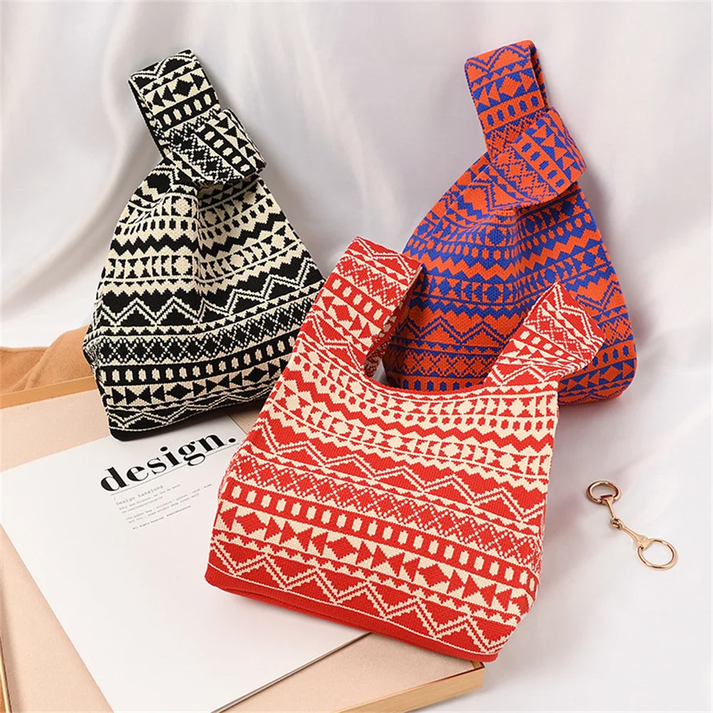 

Handmade Knit Handbag Women Mini Knot Wrist Bag Female Casual Color Wide Stripe Plaid Tote Bag Student Reusable Shopping Bag