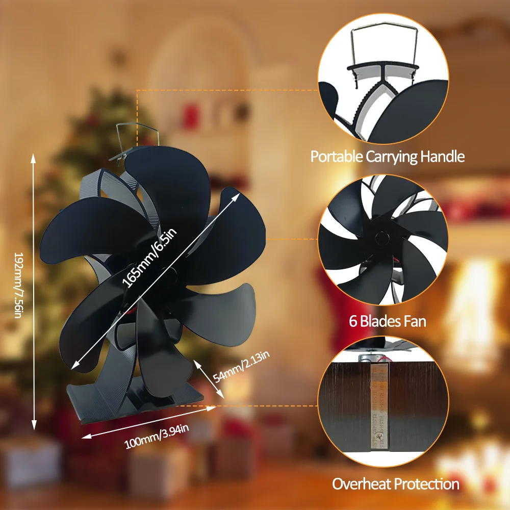 Wood Stove Fan Heat Powered Non-Electric Lotus Shaped Silent Operation 6-Blade Fireplace Fan with Bracket for Wood Burning Stove