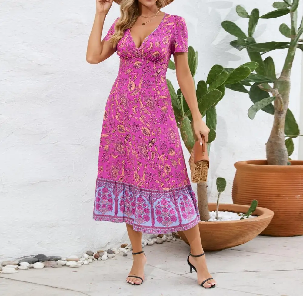 

Women's Summer Wrap Maxi Dress Casual Boho Floral V Neck Short Sleeve Ruffle Clothes Low Hem Smocked Dress for Beach Party