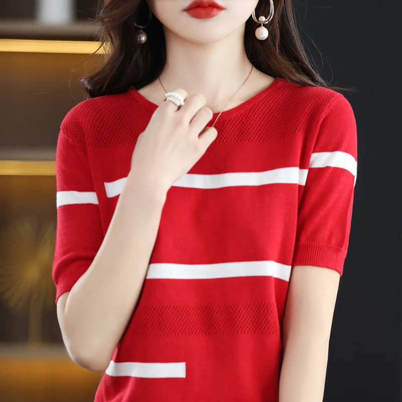 

Round neck hollowed-out knitted short-sleeved women's fashion stripe T-shirt vest 2023 summer new cotton loose half-sleeve top