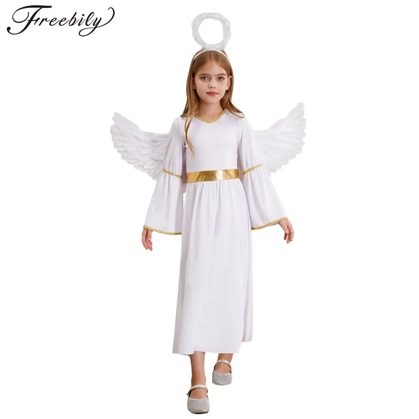 Angel Costume for Kids Girls Angel Long Sleeve Gold Trim